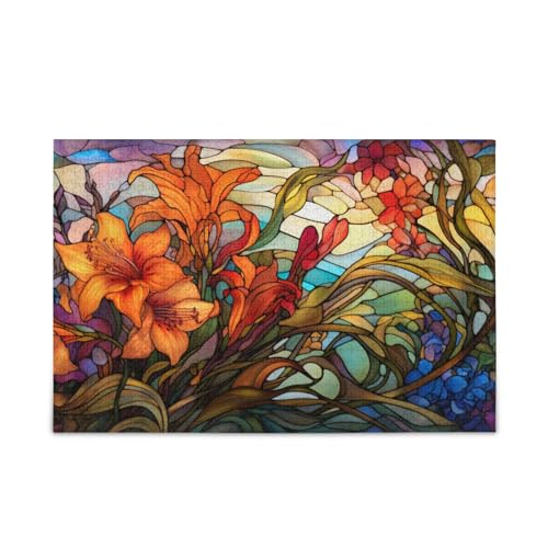 NFMILI Buntglas-Blumen-Puzzle, 1000 Teile, Holz, für Erwachsene, Teenager, Kinder, Familien, DIY-Freizeitspiel, 29,5 × 50 cm von NFMILI