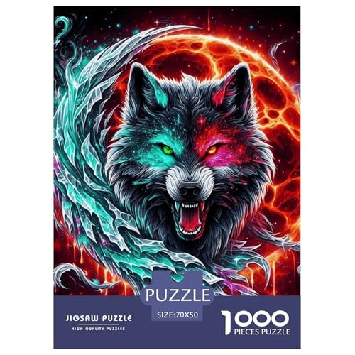 Flammender Wolfshaupt Puzzles 1000 Teile Schwer Puzzle Spielzeug Lernspiel Impossible Herausforderung Spielzeug Für Erwachsene Kinder 70x50cm/1000pcs von NGGADIWEG