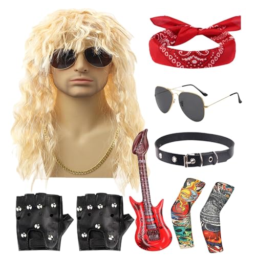 NGUMMS Rocker-Kostüm für Herren, Rocker-Kostüm-Set | Metal Disco Kostüm Herren Hippie Perücke,9-teiliges Halloween-80er-Jahre-Rocker-Star-Kostüm-Set für Disco, Rockkonzert, Karnevalsoutfit von NGUMMS