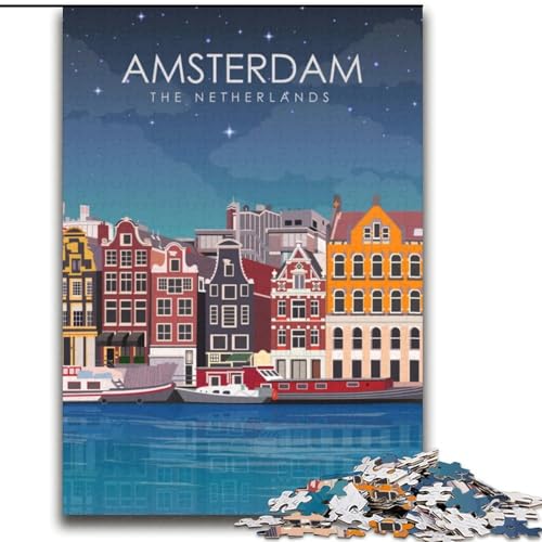 Puzzle für Teenager, Amsterdam bei Nacht, Reisen, anspruchsvolles Spiel und Familienspiel, ganze Familie (38x52cm), 1000 Teile von NGZITNFXL