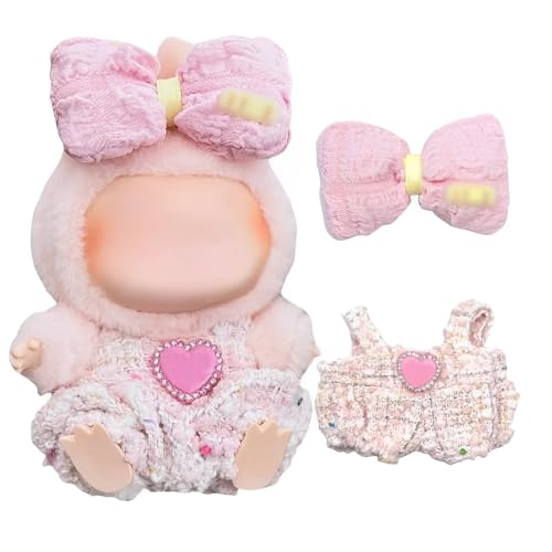 Mini Plüsch Puppen Kleidung Outfit nur Bekleidungs zubehör für 17cm Labubi,Pinker Anzug (Haarschmuck,Einteiler) von NHQZ