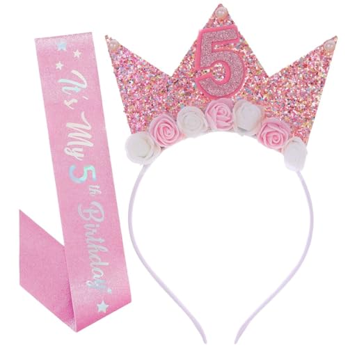 NHQZ 5 Jahr Geburtstagskrone, Crown 5 Jahr Geburtstag Mädchen mit Rose Blumen, Mädchen Geburtstag Stirnband, Zeremonieller Gürtel, 2 Stück von NHQZ