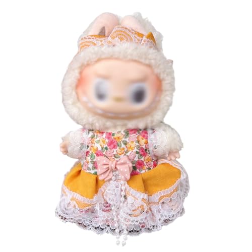 NHQZ Kleidung für 17 cm Labubu Puppe,Labubu Puppen Zubehör,Süße Puppenkleidung DIY Kinder Geschenk,1 Kopfbedeckung, 1 Strampler, ohne Puppe, Spitzen-Outfit mit rosa Schleife von NHQZ
