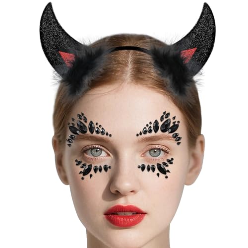 NHTJTHE Teufelshörner Haarband mit Glitzersteine Gesicht,1 Stück schwarzeTeufelHorn Haarband +1 Stück schwarze Edelstein Kristall Gesicht Tattoo, Glitzersteine Gesicht, Halloween, Rollenspiel von NHTJTHE
