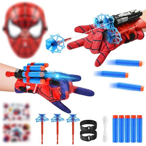 NHYDZSZ 2 Stück Launcher Handschuh, Kids Spiderm Hero Launch-Handschuh, Spider Spielzeug, Rollenspiel Zubehör mit Maske und Aufkleber, Spielzeug Handschuh, Cosplay Glove Launcher für Kinder Fans von NHYDZSZ