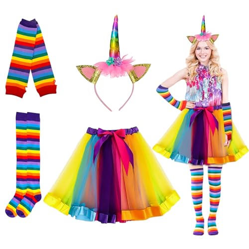 4er Einhorn Kostüm Erwachsene, Regenbogen Kostüm Damen, Karneval Kostüm Damen, Regenbogen Tüllrock, Einhorn Horn Stirnband, Rock Kniestrümpfe Streifen und Lange Handschuhe, für Karnevalspartys 4er Einhorn Kostüm Erwachsene, Regenbogen Kostüm Damen, Karneval Kostüm Damen, Regenbogen Tüllrock, Einhorn Horn Stirnband, Rock Kniestrümpfe Streifen und Lange Handschuhe, für Karnevalspartys von NHYDZSZ