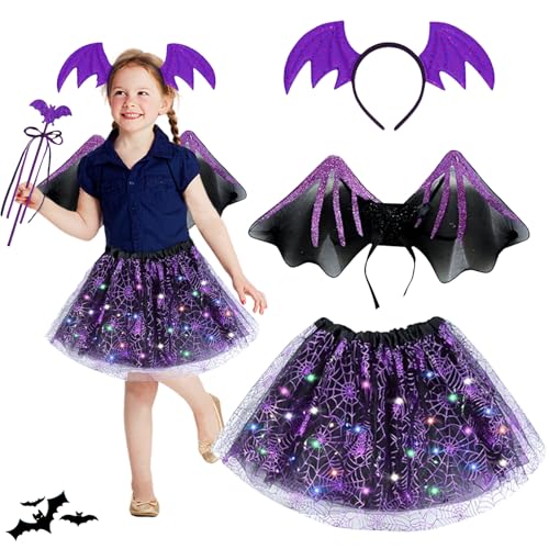 Halloween Kostüm Kinder, Mädchen Fledermaus Halloween Kostüm, Fledermaus Kostüm Kinder mit LED Rock, Flügel, Haarreif, Zauberstab, Lila fledermaus kostüm Set für kinder halloween Karneval Fasching (A) Halloween Kostüm Kinder, Mädchen Fledermaus Halloween Kostüm, Fledermaus Kostüm Kinder mit LED Rock, Flügel, Haarreif, Zauberstab, Lila fledermaus kostüm Set für kinder halloween Karneval Fasching (A) von NHYDZSZ