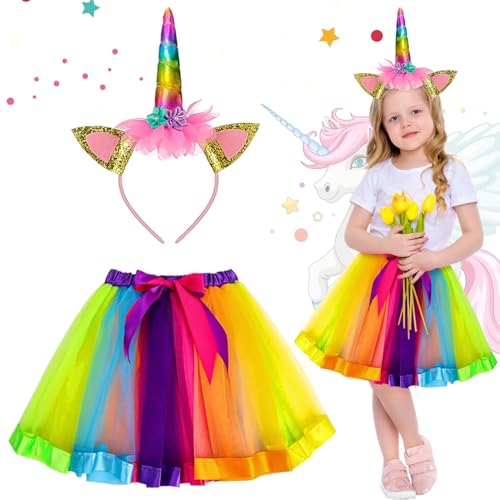 NHYDZSZ 2 Stück Einhorn Kostüm Prinzessin Set,Regenbogen Tutu Rock Mädchen Kostüm Tüllrock mit Einhorn Haarreif,Kinder Regenbogen Unicorn Tutu Tüllrock für Unicorn Cosplay Kindergeburtstag Karneval von NHYDZSZ