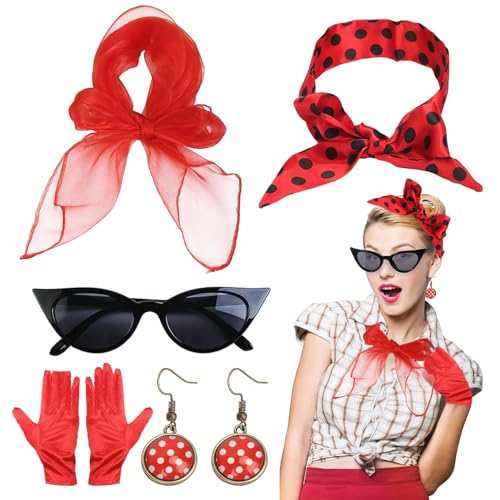 NHYDZSZ 5TLG Rockabilly Accessoires Damen,1950s Kostüm Set,50er Jahre Damen Kleid Zubehör mit Chiffon Schal, Katzen Auge Brille, Polka Dots Stirnband Ohrstecker,Handschuh, Bandana Krawatte NHYDZSZ 5TLG Rockabilly Accessoires Damen,1950s Kostüm Set,50er Jahre Damen Kleid Zubehör mit Chiffon Schal, Katzen Auge Brille, Polka Dots Stirnband Ohrstecker,Handschuh, Bandana Krawatte von NHYDZSZ