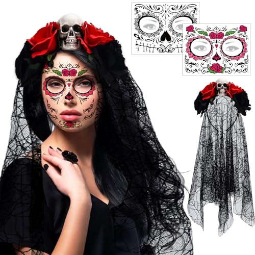 NHYDZSZ Halloween Tag der Toten Haarreif und Schleier Halloween Gesicht Tattoos Mexikanische Stirnband mit schwarzen Rosen & Totenkopf Deko Damen Haarschmuck Halloween Kostüm Accessoires von NHYDZSZ