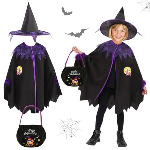 NHYDZSZ Hexenkostüm Kinder, Halloween Hexenkostüm Mädchen, Hexe Kostüm, Schwarz Lila Witch Umhang mit Hut und Tüten, Kinder Hexen verkleiden Kostüm für Halloween, Cosplay Party, Fasching NHYDZSZ Hexenkostüm Kinder, Halloween Hexenkostüm Mädchen, Hexe Kostüm, Schwarz Lila Witch Umhang mit Hut und Tüten, Kinder Hexen verkleiden Kostüm für Halloween, Cosplay Party, Fasching von NHYDZSZ
