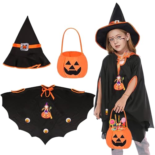 NHYDZSZ Kinder Halloween Kostüm Hexen Zauberer Umhang Wizard Cape mit Hut Kürbis Candy Bag Witch Umhang weich hautfreundlich angenehm und atmungsaktiv - für Halloween Cosplay Party (B) von NHYDZSZ