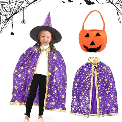NHYDZSZ Kinder Halloween Kostüm Wizard Cape Witch Umhang mit Hut, Kürbis Candy Bag zauberer umhang kinder Halloween Umhange für Jungen Mädchen Cosplay Party (lila) von NHYDZSZ