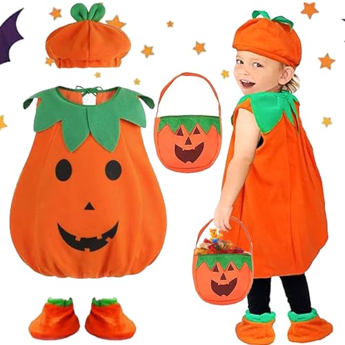 NHYDZSZ Kinder Kürbis Kostüm Baby Kürbis Kostüm mit halloween süssigkeiten beutel, Baskische Hut und Schuhe Abdeckung Halloween Verkleiden Cosplay Kostüme für Jungen Mädchen 3-10 Jahre (S) von NHYDZSZ