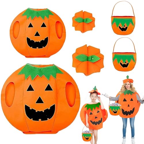 NHYDZSZ Kürbis Kostüm Orange Halloween Kürbis Kostüm mit Kürbis Candy Bag Mütze Kürbis Umhang Unisex Lustige Kürbis Cosplay Party Kleidung Fasching-skostüm Karnevals-Kostüme (Erwachsener+Kind) von NHYDZSZ