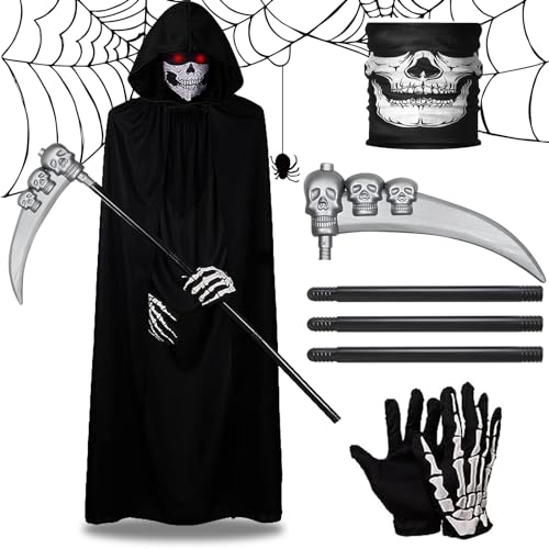 NHYDZSZ Sensenmann Kostüm, 4-teiliges Halloween Kostüm Sensemann Tod Kostüm Set mit Schädelmaske, Sense, Skelett Handschuhe, Umhang für Halloween Dekoration Faschingskostüme Karneval von NHYDZSZ