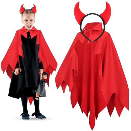 NHYDZSZ Teufel Kostüm Teufel Umhang Halloween Rot Teufelskostüm mit Teufelshörner Haarreif Faschingskostüme für Halloween Karneval Party Cosplay von NHYDZSZ
