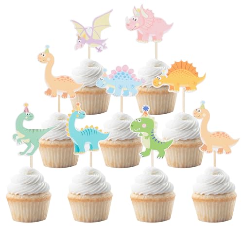 NICENEEDED 24 Stück Dinosaurier-Cupcake-Topper, Niedliche Cartoon-Cupcake-Picks, Dinosaurier-Kuchenaufsatz, Zahnstocher Für Die Kuchendekoration von NICENEEDED