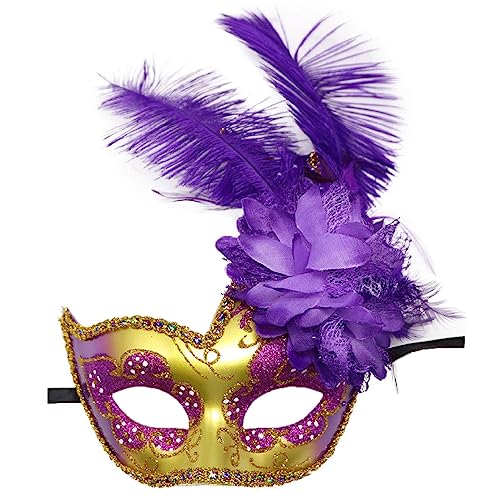 Damen Federmaske Venezianische Halloween Karneval Kostüme Party Ball Abschlussball Maske Frauen Feder Maskerade Maske Cosplay Augenmaske Gesichtsmaske mit Glitzer und Federn (Gold-Lila, one size) von NICEYEA