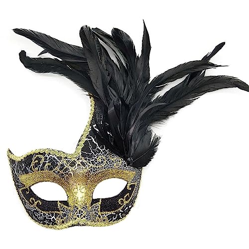 Damen Federmaske Venezianische Halloween Karneval Kostüme Party Abschlussball Maske Frauen Feder Maskerade Maske Cosplay Augenmaske Gesichtsmaske mit Glitzer und Federn (Hühnerfeder Schwarz, one size) von NICEYEA