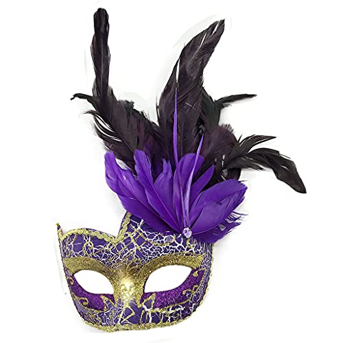 Damen Federmaske Venezianische Halloween Karneval Kostüme Party Ball Abschlussball Maske Frauen Feder Maskerade Maske Cosplay Augenmaske Gesichtsmaske mit Glitzer und Federn (Violett, one size) von NICEYEA