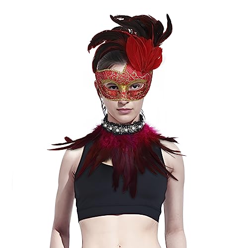 NICEYEA Frauen Feder Maskerade Maske Federschal Set Halloween Karnevals Kostüm Damen Gothic Kragen Maske Zubehör für Cosplay Party Karneval Kostüm (Rot) von NICEYEA