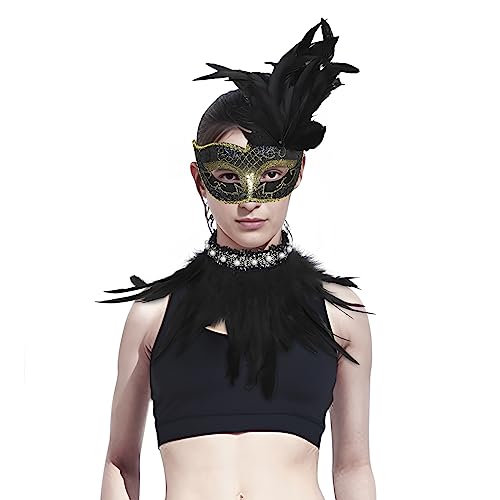 NICEYEA Frauen Feder Maskerade Maske Federschal Set Halloween Karnevals Kostüm Damen Gothic Kragen Maske Zubehör für Cosplay Party Karneval Kostüm (Schwarz) von NICEYEA
