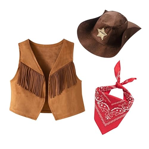 NICEYEA Klassisches Cowboy-Cowgirl-Kostüm-Set für Kinder, Weste, brauner Hut, Bandana, braunes Cowboy-Outfit-Set für Kinder, Halloween, Cosplay, Motto-Party (mit Hut, Größe S (6–7 Jahre)) von NICEYEA