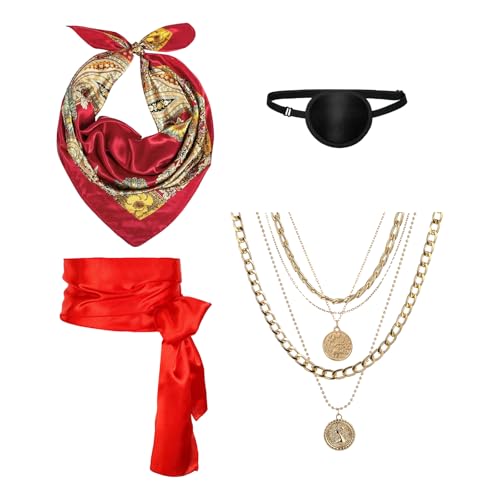 Piratenkostüm-Zubehör-Set für Damen, Kopftuch, Schärpe, Gürtel, Halskette, Augenklappe für Halloween, Cosplay, Party, Rot, 4-teilig von NICEYST
