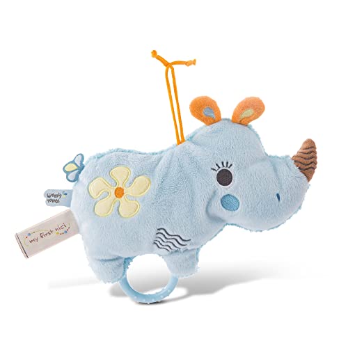 NICI Aufzieh 2D Nashorn Manuffi 20cm ab 0+ Monaten für Jungen & Mädchen – Spieluhr Baby – Einschlaf-Hilfe für Babys & Säuglinge – Ideal für Bett, Kinderwagen, Wiege – Mozarts Wiegenlied, blau von NICI