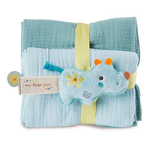 NICI Set Nashorn Manuffi: 2X weiches Mulltuch 60x60 cm + 1x Flauschiger Baby-Greifling 9 cm – Schmusetücher & Baby-Kuscheltier ab 0+ Monaten – Schnuffeltuch/Schmusetier für Mädchen & Jungen, 48046 von NICI