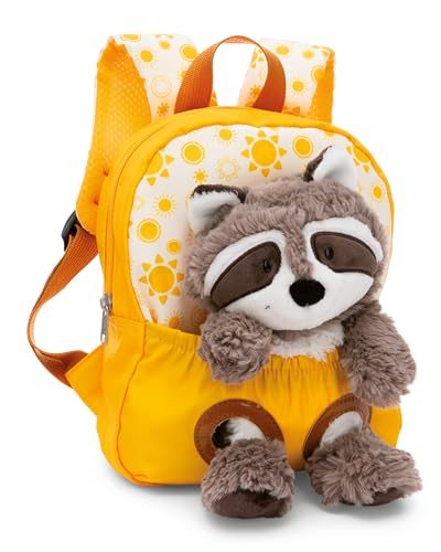 NICI 49846 Rucksack 21x26cm Plüschtier 25cm-Abnehmbarer Pluschspielzeug Weich Flauschig-Kindergartenrucksack mit Kuscheltier für 2-5 Jährige Jungen und Mädchen, Waschbär gelb von NICI