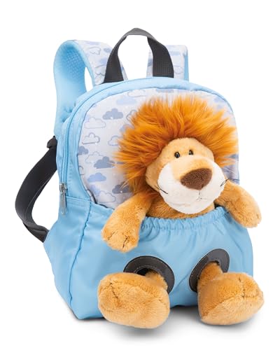 NICI 49848 Rucksack 21x26cm Plüschtier 25cm-Abnehmbarer Pluschspielzeug Weich Flauschig-Kindergartenrucksack mit Kuscheltier für 2-5 Jährige Jungen und Mädchen, Löwe hellblau von NICI