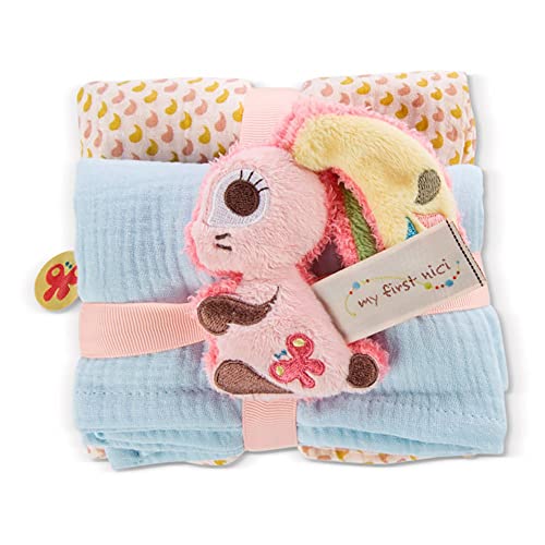 NICI Set Hase Hopsali: 2X weiches Mulltuch 60x60 cm + 1x Flauschiger Baby-Greifling 10 cm Schmusetücher & Baby-Kuscheltier ab 0+ Monaten Schnuffeltuch/Schmusetier für Mädchen & Jungen, 48047 von NICI