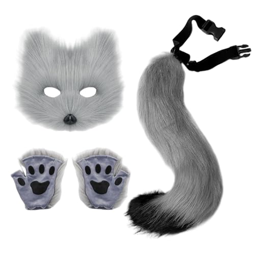 NIDONE 3PCS/SET Pelzig Kostüm, graue pelzige Fuchsmaske, einstellbare Therian -Schwanz und flauschige Pfotenhandschuhe für die Halloween -Party NIDONE 3PCS/SET Pelzig Kostüm, graue pelzige Fuchsmaske, einstellbare Therian -Schwanz und flauschige Pfotenhandschuhe für die Halloween -Party von NIDONE