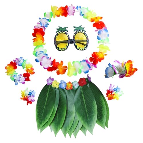 NIDONE Hula -Blattrock mit Blumenleis, 7pcs/Set hawaiianischer Grasrock mit Ananas -Sonnenbrille, Haarclip, Halskette, Haarband und Armband, Luau -Outfits für Frauen, Mädchen, Sommerparty, Blattrock von NIDONE