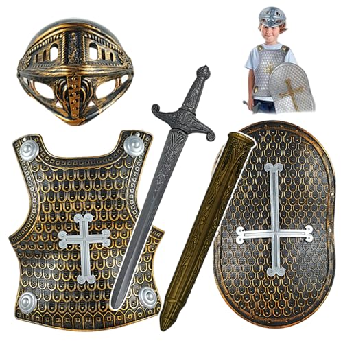 NIDONE Knight Costume Kids 4pcs/Set Cross Medieval Knight Rüstung Beinhaltet Helm, Schild, Schwert und Rüstung, Kinder verkleiden Kostüme für Rollenspiele, Cosplay, Halloween Bronze NIDONE Knight Costume Kids 4pcs/Set Cross Medieval Knight Rüstung Beinhaltet Helm, Schild, Schwert und Rüstung, Kinder verkleiden Kostüme für Rollenspiele, Cosplay, Halloween Bronze von NIDONE