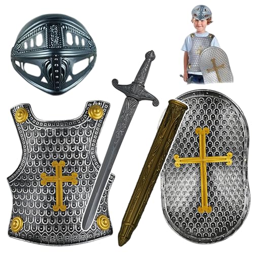 NIDONE Knight Costume Kids 4pcs/Set Cross Medieval Knight Rüstung umfasst Helm, Schild, Schwert und Rüstung, Kinder verkleiden Kostüme für Rollenspiele, Cosplay, Halloween Silver-Gray NIDONE Knight Costume Kids 4pcs/Set Cross Medieval Knight Rüstung umfasst Helm, Schild, Schwert und Rüstung, Kinder verkleiden Kostüme für Rollenspiele, Cosplay, Halloween Silver-Gray von NIDONE