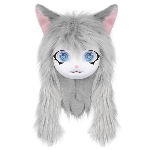 NIDONE Pelziger Anzug, pelziger Kopf, süßer Plüschfellkopf mit großen Augen, Ohren und langem Haar, Kostüm für Halloween Maskerade Cosplay, Grau von NIDONE