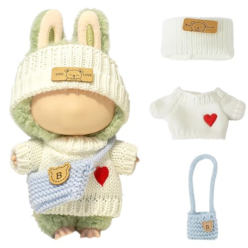 Kleidung für LABUUB Puppe (keine Puppe), handgefertigtes Häkelset für Puppenzubehör, Premium-Outfit – Herz-Pullover + Hut + Tasche, niedliche Kleidung zum Anziehen, einzigartiger Stil (Weiß) von NIEBYI