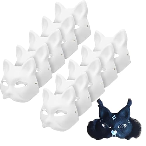 NIEBYI 10 x Katzenmasken – weiße Therian-Masken für Maskerade, Halloween, Kinder-Cosplay und Kostümpartys von NIEBYI