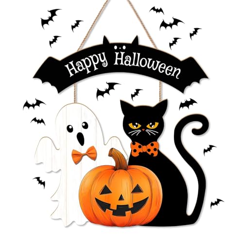 NIEBYI Halloween-Dekorationen für drinnen und draußen, Heimdekoration, Holz-Willkommensschild, Wand/Tür, niedlicher Geist, schwarze Katze, Kürbis, hängende Dekoration, langlebige Herbstkränze für von NIEBYI