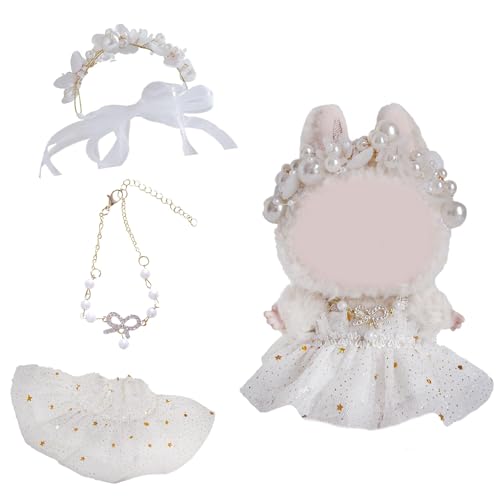 Puppenkleidungsset und Zubehör-Anzug, 17 cm, 3-teiliges Set, Outfits für Kleidung, Puppen, Schlüsselanhänger, Zubehör, einschließlich Feenkleid, Perlen-Haar-Accessoires, Schleifen-Halskette (weiß) von NIEBYI