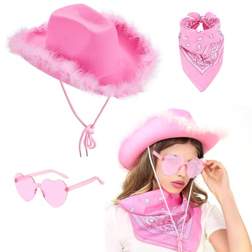 Cowboy Hut Damen 3 Stück CowgirlHut Filz Cowboyhut mit Herzbrille Rosa Federschal Damen Cowboy Hut Cowgirl Kostüm Accessoires Wilder Westen Kostü Westernhut für Party Cosplay Karnevalsfeiertage Cowboy Hut Damen 3 Stück CowgirlHut Filz Cowboyhut mit Herzbrille Rosa Federschal Damen Cowboy Hut Cowgirl Kostüm Accessoires Wilder Westen Kostü Westernhut für Party Cosplay Karnevalsfeiertage von NIEEKRUN