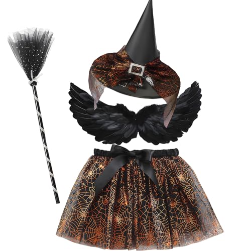 NIEEKRUN Hexenkostüm für Kinder, 4-teiliges Halloween-Hexenkostüm-Set mit Hut und TuTu-Rock-Anzug, schwarze Federflügel, Besenmagie, Cosplay, für Halloween, Karneval, Party, Verkleiden NIEEKRUN Hexenkostüm für Kinder, 4-teiliges Halloween-Hexenkostüm-Set mit Hut und TuTu-Rock-Anzug, schwarze Federflügel, Besenmagie, Cosplay, für Halloween, Karneval, Party, Verkleiden von NIEEKRUN
