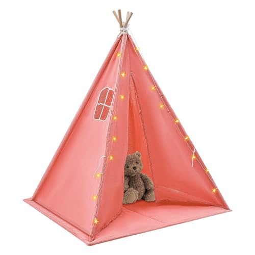 Tipi Zelt für Kinder 120x120x140cm Tippi Kinderzelt Indoor Zusammenklappbares Spielzelt Kinder Indoor Zelt Kinderzimmer mit Matte Lichterkette (Pink) von NIGORIY