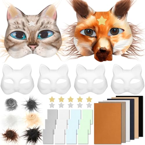 Fox Anime Katze Maske, Therian Maske Set, Katze Fuchs Masken zum Dekorieren enthalten Blanko Papiermasken Filz Stoffblatt Plüsch Kunstfell Auge Gaze Blatt Sterne Aufkleber für Maskerade Karneval von NIHUIFDPY