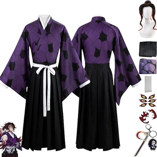NIKKHO Anime Charakter Kokushibou Cosplay Kostüm Dämon-Slayer Kimono Mantel Full Set Halloween Party Karneval Up Anzug mit Perücke Tattoo Aufkleber Schlüsselanhänger für Jungen,Lila,XL von NIKKHO