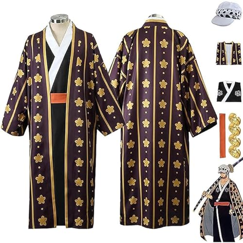 NIKKHO Anime One Piece Cosplay Kostüm,Wano Kuni Land Anime Charakter Trafalgar D Law Fancy Dress Uniform mit Hut,Anime Thema Halloween Mantel Kleid Kimono Mantel für Jungen,Braun,M von NIKKHO