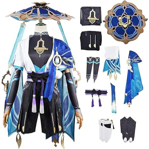 NIKKHO Game Genshin Wanderer Cosplay Kostüm,Genshin Themed Wanderer Balladeer Halloween Full Set Maid Dress Kimono Cloak mit Zubehör,Game Charakter Wanderer Fancy Dress Uniform,Blau,S von NIKKHO